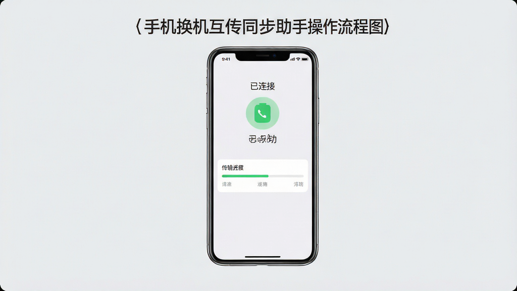 手机换机互传同步助手操作流程图,手机屏幕展示连接成功界面,上方显示“已连接”,下方列出传输进度条,背景为淡灰色,界面文字清晰,风格简洁,画质干净,无多余元素