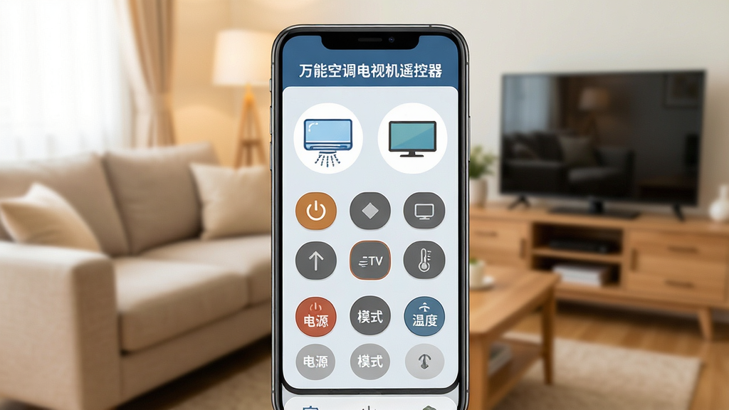 主体:一部智能手机屏幕显示万能空调电视机遥控器主界面,界面中有空调和电视的图标,背景为温馨的客厅场景。布局:手机居中,界面清晰,客厅沙发和电视柜作为背景虚化。排版:界面简洁,图标排列整齐,下方有“电源”“模式”“温度”等按键。风格:写实风格,色彩明亮,光线柔和。细节:手机屏幕上有“万能空调电视机遥控器”字样,界面模拟真实遥控器按键。画质:高清,干净,无多余元素。