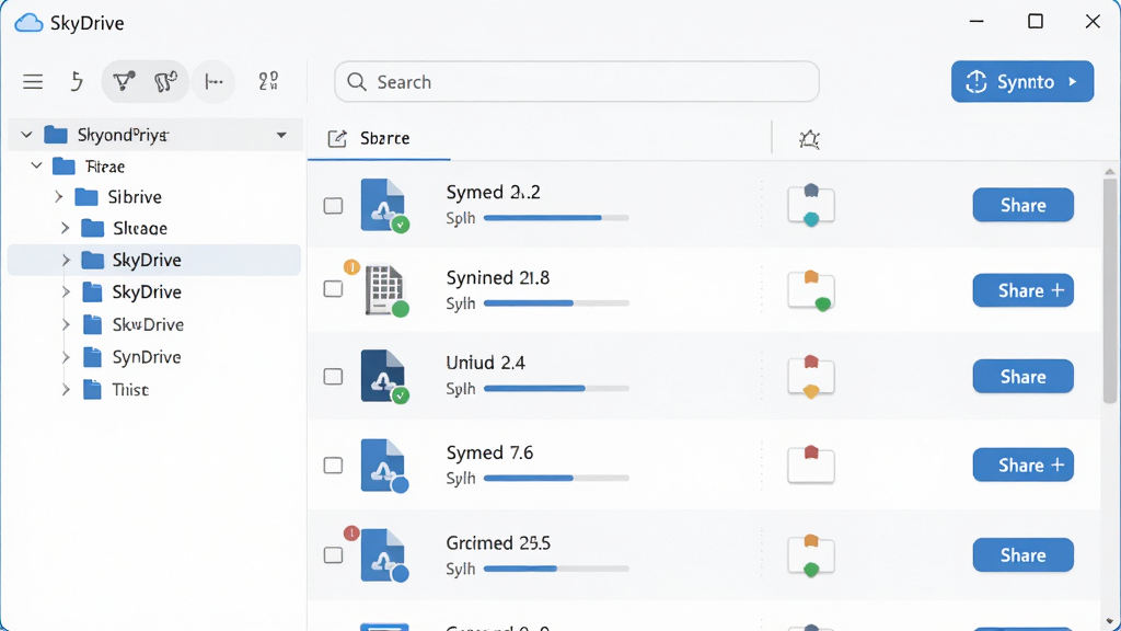 主体:SkyDrive 软件主界面,展示云端文件列表与同步状态图标;布局:左侧文件夹树,右侧文件列表,顶部有搜索栏与同步按钮;排版:清晰简洁,文件图标与状态标记整齐排列;风格:现代扁平化设计,蓝色主题色调;细节:文件类型图标、同步进度条、共享按钮;画质:高清,干净,无多余元素