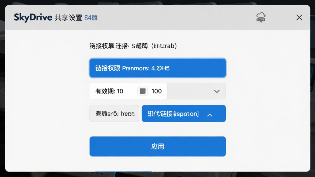 主体:SkyDrive 共享设置面板,包含链接权限选项;布局:弹窗式面板,中央为权限选择按钮,底部为“应用”按钮;排版:清晰,选项排列整齐;风格:现代 UI,浅灰背景,蓝色高亮;细节:权限选项、有效期设置、复制链接按钮;画质:高清,干净,无多余元素