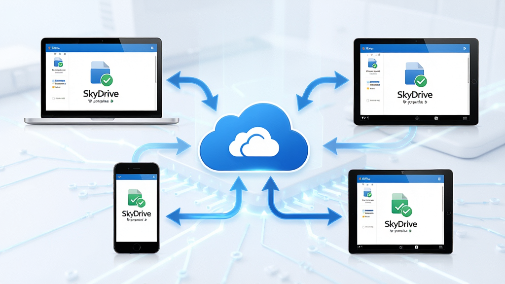 主体:多设备同步示意图,包括笔记本电脑、手机和平板同时显示 SkyDrive 同步成功界面;布局:设备围绕云端图标,箭头表示数据流动;排版:简洁明了,设备图标与云端图标居中排列;风格:现代科技感,蓝色与白色配色;细节:设备屏幕上有文件同步完成的对勾标志;画质:高清,干净,无多余元素