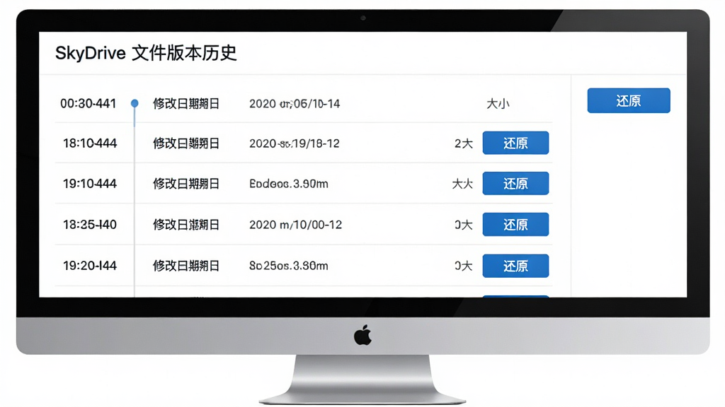 主体:SkyDrive 文件版本历史界面,展示多个版本列表;布局:中央为版本列表,每行显示时间与大小;右侧有“还原”按钮;排版:列表式布局,时间线清晰;风格:简洁商务风,白色背景,蓝色按钮;细节:版本号、修改日期、还原按钮;画质:高清,干净,无多余元素