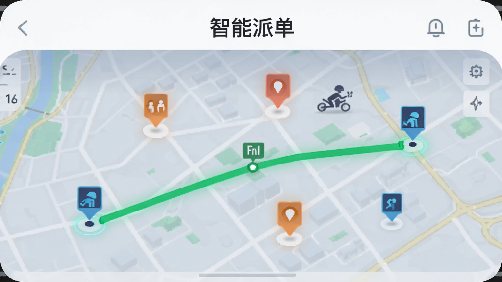 ������APP�������ɵ����棬��ͼ����ʾ���������Ǻ�����λ�ã�һ����ɫ�Ƽ�·������������յ㣬���涥����ʾ�������ɵ�������������UI����������Ƽ���ǿ�����ʸ��壬�޶���Ԫ�ء�