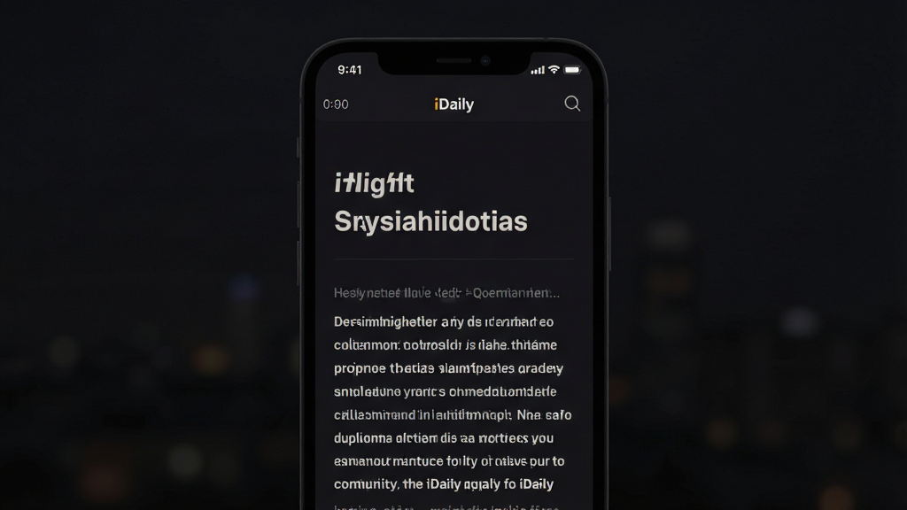 主体:iDaily应用运行在手机上的截图,展示夜间模式下的阅读界面,布局:手机居中,背景为深色,排版:时间、标题、正文清晰可见,风格:暗色系,柔和护眼,细节:屏幕亮度适中,文字清晰,画质:高清,干净,无多余元素