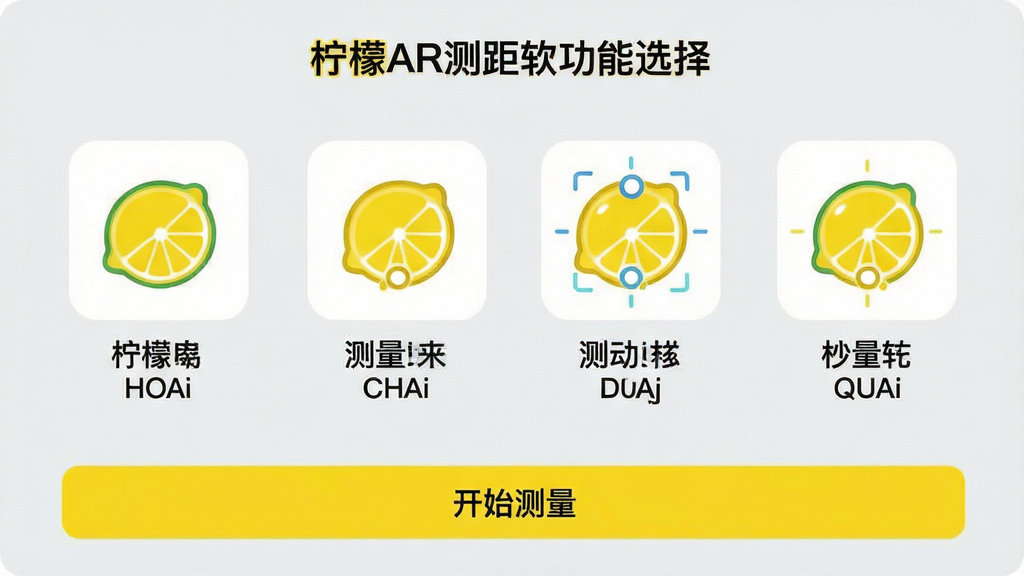 主体:柠檬AR测距软件功能选择界面,展示四种测量模式的图标。布局:四个图标以网格形式排列,每个图标下方有中文名称。排版:图标大小统一,色彩区分明显,底部有“开始测量”按钮。风格:扁平化设计,背景为淡灰色,图标采用柠檬黄与白色搭配。细节:图标线条清晰,中文名称与英文缩写对应,整体视觉清爽。画质:高清矢量风格,干净无多余元素。