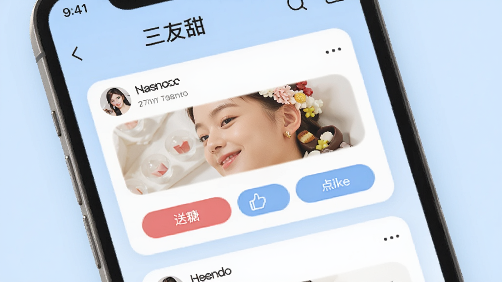 �������罻�������棬�ֻ���Ļ��ʾ���Ѷ�̬��Ƭ�����С����ǡ��͡����ޡ���ť������Ϊ����ɫ�������ܰ�����ʸɾ����޶���Ԫ��