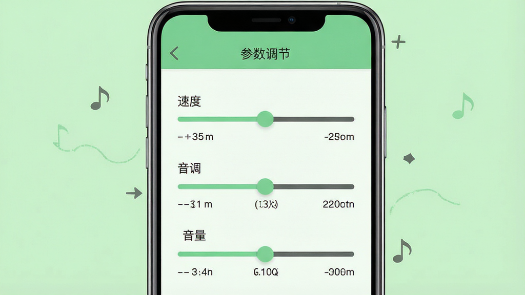 一张展示“MP3剪辑器”音频参数调节功能的图片,手机屏幕中显示“参数调节”界面,有“速度”“音调”“音量”三个滑块,每个滑块下方有数值显示,背景为浅绿色,整体风格清新,画质干净,无多余元素