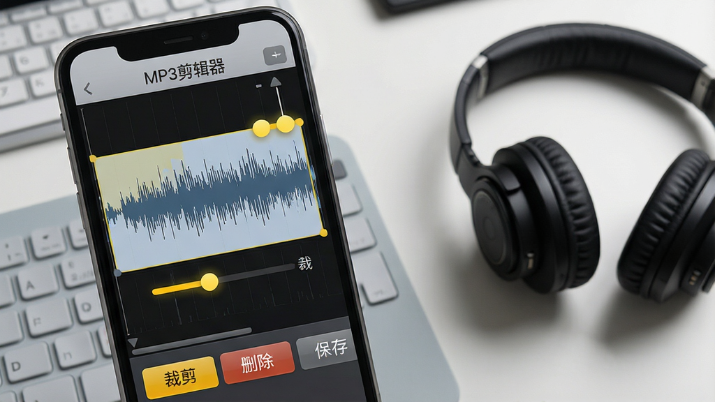 一张展示“MP3剪辑器”软件操作界面的图片,画面中手机屏幕内显示音频波形图,两个黄色滑块标记出裁剪区域,下方有“裁剪”“删除”“保存”三个按钮,背景为浅灰色工作台,旁边放着一副耳机,整体风格写实清晰,画质干净,无多余元素
