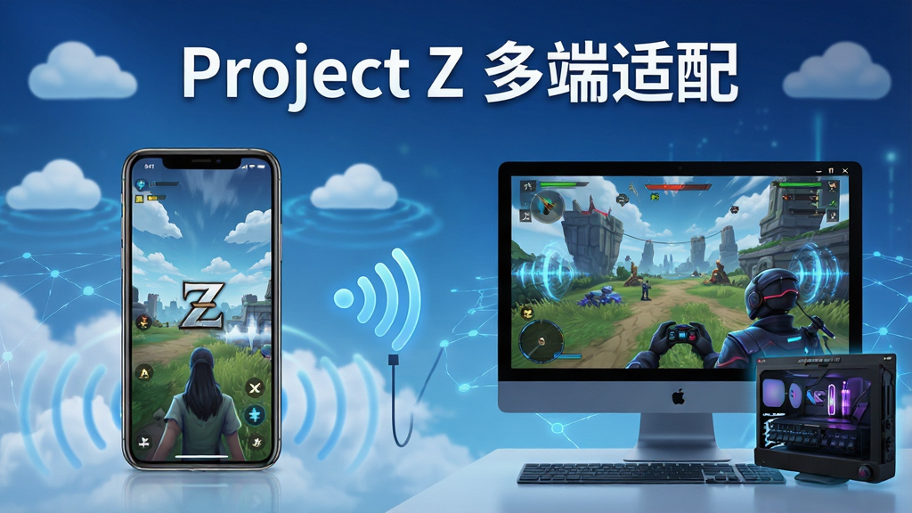 主体:手机屏幕上显示Project Z游戏画面,旁边有电脑和模拟器窗口。布局:手机位于画面左侧,电脑位于右侧,两者通过无线信号图标连接。排版:采用对比式构图,上方有“Project Z 多端适配”字样。风格:科技感,明亮。细节:手机和电脑屏幕中均显示游戏场景,背景有云朵和网络波纹。画质:高清,干净,无多余元素。