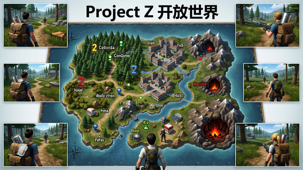 主体:一张巨大的游戏开放世界地图,上面标记着各种探索点和危险区域。布局:地图占据画面中央,四周环绕着游戏角色在野外探索的场景截图。排版:采用信息图风格,地图上方有“Project Z 开放世界”字样。风格:写实,色彩丰富,标注清晰。细节:地图上显示森林、城市、河流、山洞等不同地貌,角色背包中露出罐头、绷带等物资。画质:高清,干净,无多余元素。