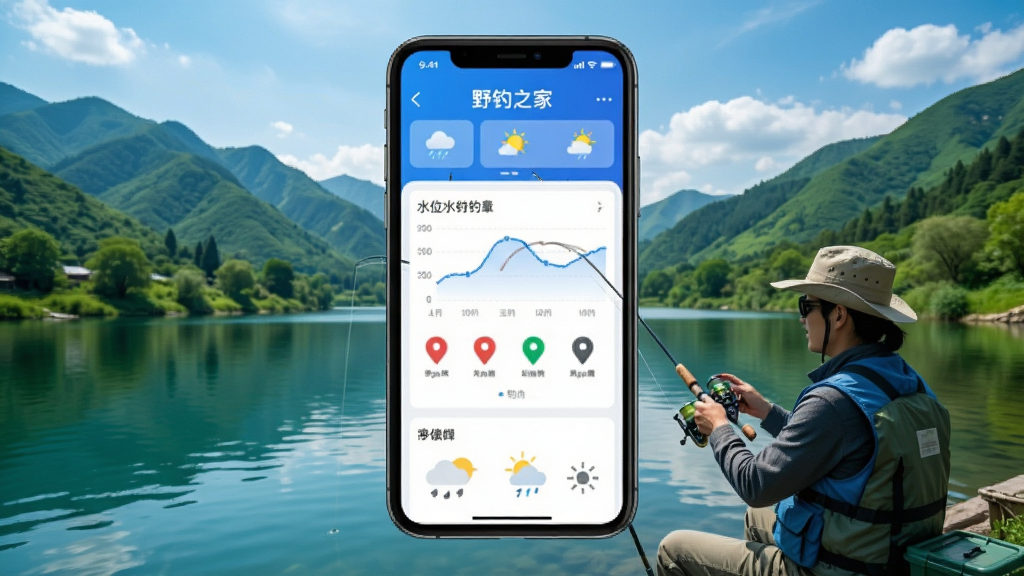 野钓之家app主界面展示,手机屏幕内显示水域列表、水位曲线、钓点标记和天气图标,背景为青山绿水钓鱼场景,界面简洁现代,蓝色主色调,画质清晰,干净无多余元素