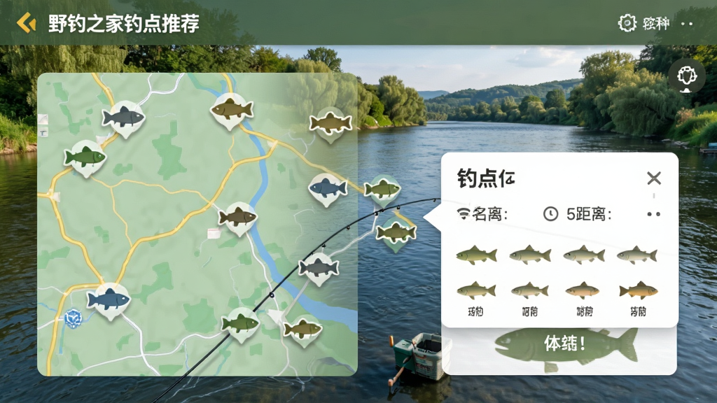野钓之家钓点推荐页面,地图上标出多个鱼形图标,点击弹出详情卡片,包含钓点名称、距离、鱼种图标,背景为户外河流实景,界面友好,画质清晰