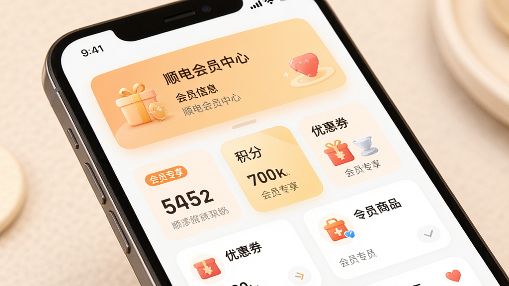 主体:手机屏幕显示顺电会员中心界面,包含积分、优惠券、会员专享商品等模块。布局:顶部为会员信息卡片,下方为功能列表。排版:卡片式设计,色彩柔和。风格:温馨亲切,会员专属感。细节:有“会员专享”标签和积分数字。画质:高清,干净无多余元素。