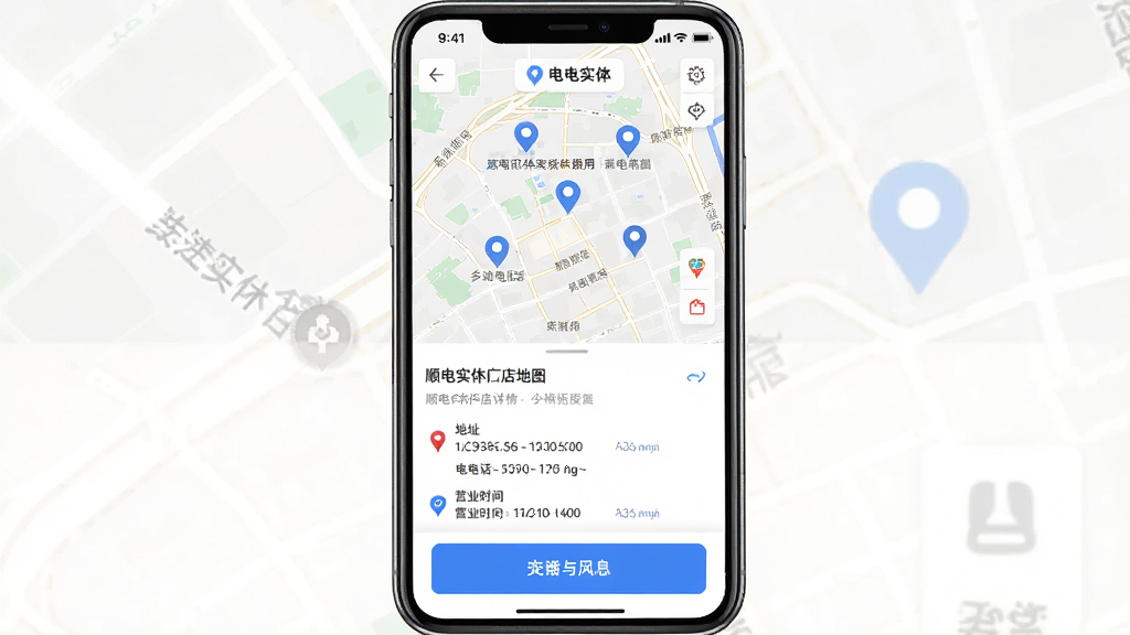 主体:手机应用显示顺电实体门店地图和门店信息卡片,包含地址、电话、营业时间。布局:地图占据上半部分,下方是门店详情。排版:信息层级分明,操作按钮醒目。风格:实用主义,清晰直观。细节:地图上有门店定位标记。画质:高清,干净无多余元素。