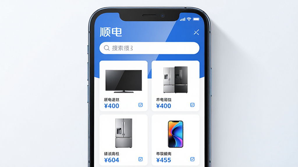 主体:一部智能手机屏幕展示顺电应用界面,上方有“顺电”字样与搜索栏,下方陈列着电视、冰箱、手机等家电产品图片。布局:手机居中,界面清晰,商品排列整齐。排版:应用界面采用列表式布局,产品图片与价格标签醒目。风格:现代简约,商务科技感。细节:屏幕反射出柔和光线,界面色彩以蓝色和白色为主,图标精致。画质:8K高清,干净无多余元素。