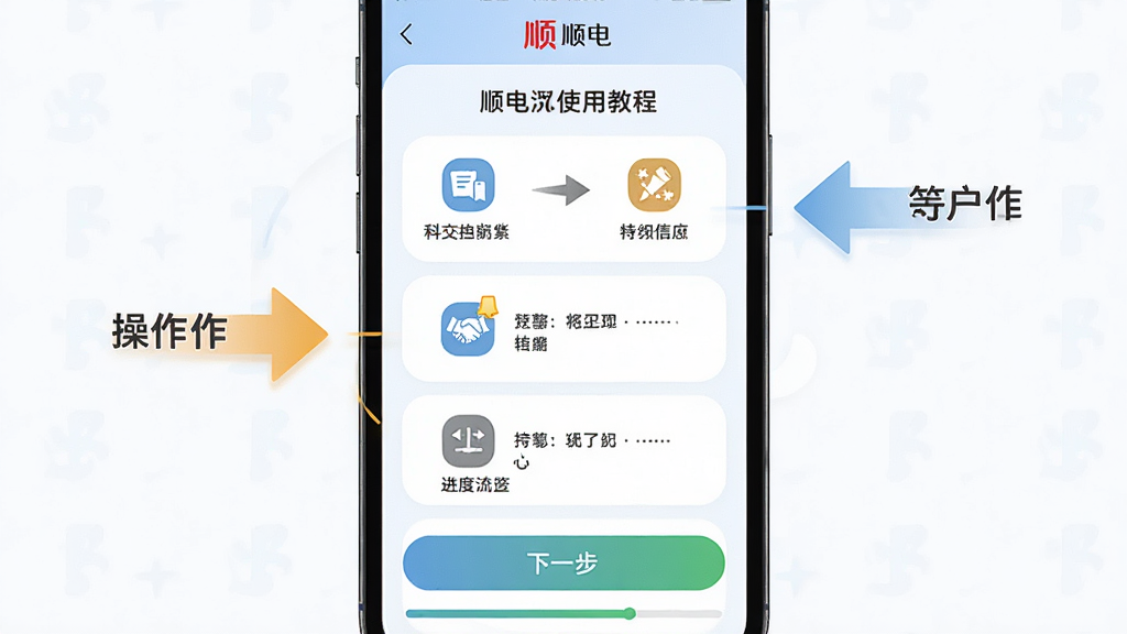 主体:一部手机屏幕显示顺电应用的使用教程页面,包含步骤指引和图标。布局:手机居中,旁边有操作提示箭头。排版:步骤清晰,图文并茂。风格:教学风格,友好易懂。细节:有“下一步”按钮和进度条。画质:高清,干净无多余元素。