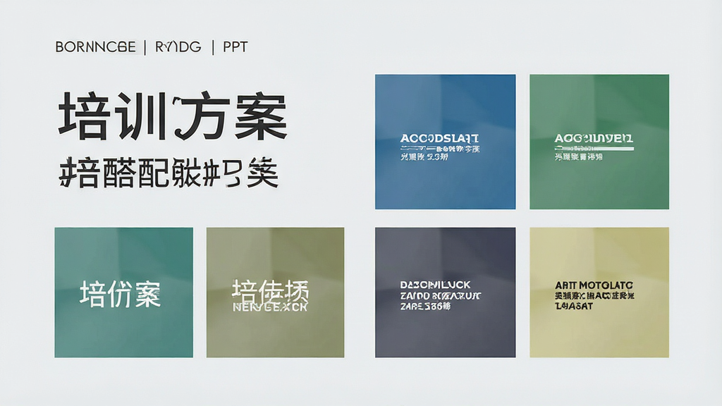 展示培训方案PPT模板的字体搭配与配色方案,画面展示不同字体样式和色块的组合,背景为淡灰色,字体清晰,配色和谐,整体风格商务简约,画质干净,无多余元素