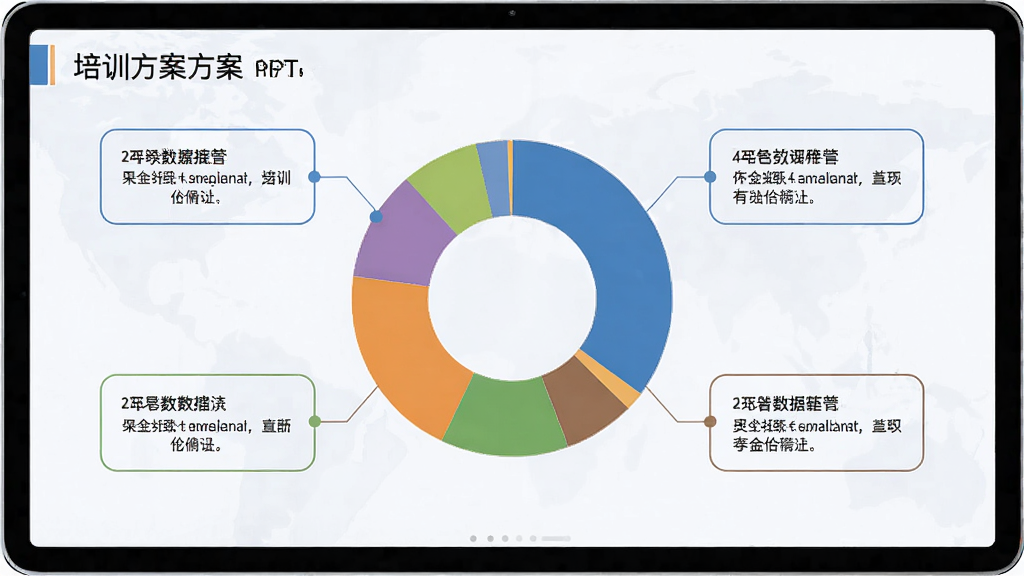 展示培训方案PPT模板中数据图表页面的效果,画面中央为一个圆形数据图表,由多个彩色扇区组成,周围环绕着说明文字框,背景为浅白色,整体布局均衡,排版专业,风格简约清晰,画质细腻,无多余元素