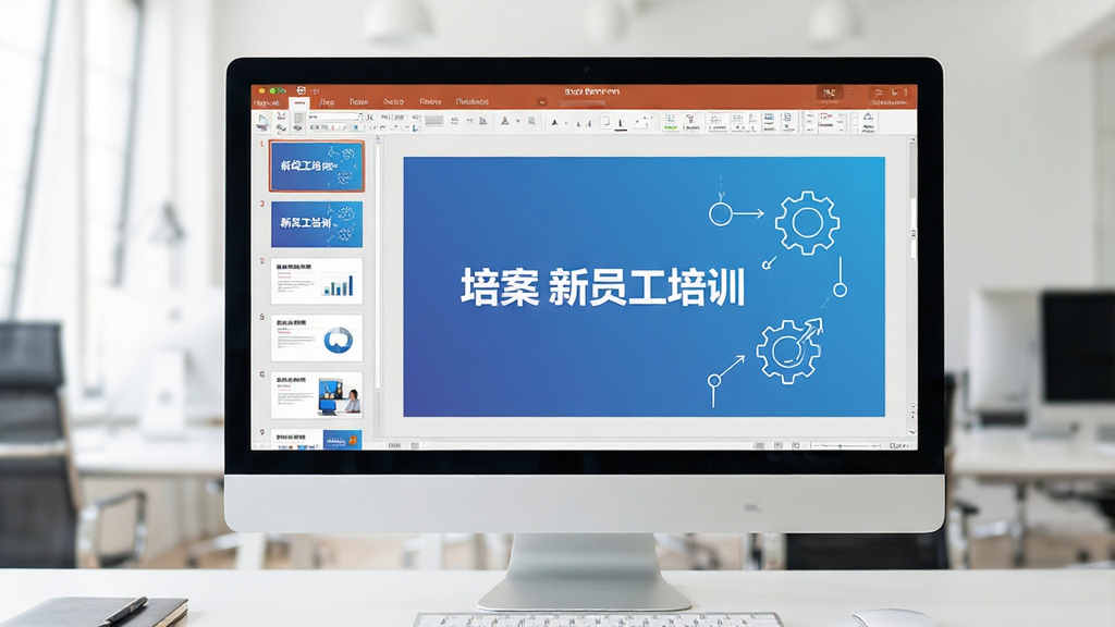 展示培训方案PPT模板内部页面设计的场景,画面为电脑屏幕上的PPT编辑界面,左侧缩略图栏展示多页幻灯片,主区域显示一页关于“新员工培训”的标题页,背景为渐变蓝色,配以简洁线条图标,排版清晰,风格商务现代,画质干净,突出“培训方案PPT模板”预览效果