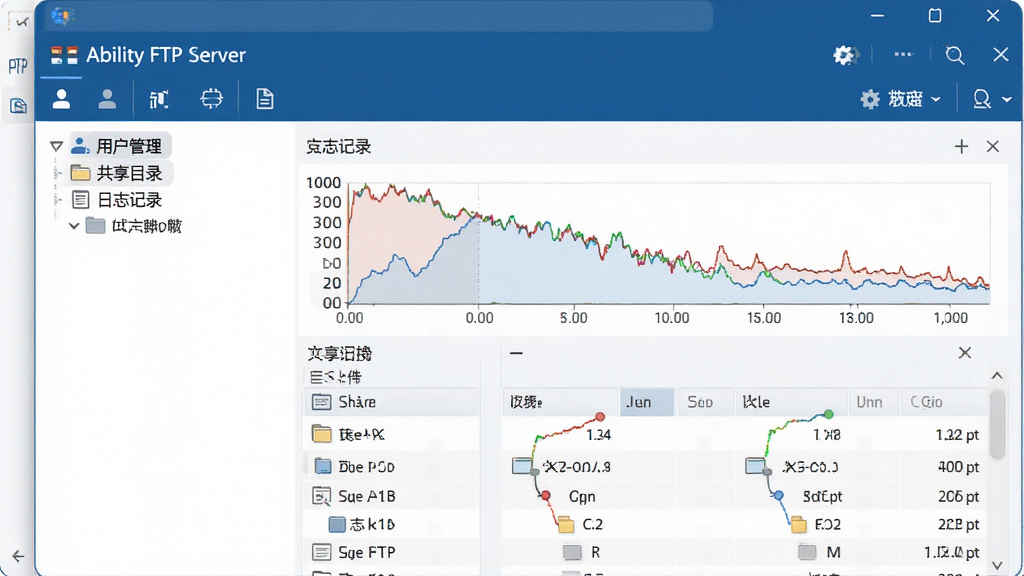 ��������չʾ��Ability FTP Server�������棬����ɫ�����������ɫ������๦���������г����û�������������Ŀ¼������־��¼�����Ҳ�󴰸���ʾʵʱ�����ٶ��������ļ��б������岼�ּ��רҵ���ִ���ƽ����Ʒ��ϸ�ھ��£����ʸ���ɾ����޶���Ԫ��