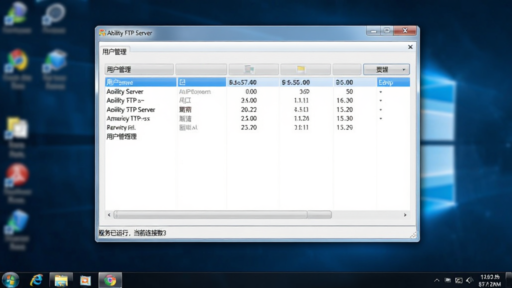 һ�š�Ability FTP Server��������Windows�����ϵĽ�ͼ����������ʾ����ͼ�꣬��������ʾ���û��������е��˻��б����ײ�״̬����ʾ�����������У���ǰ������3��������Ϊģ���������ֽ�����дʵ��ϸ�����������ʸɾ����޶���Ԫ��