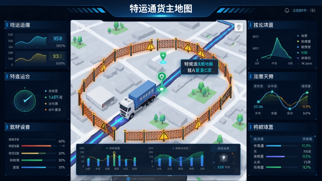 特运通货主地图追踪功能,地图上显示货车行驶轨迹与当前位置,周边有围栏预警标识,界面数据可视化,科技感强,色彩鲜明,高清画质,无多余元素