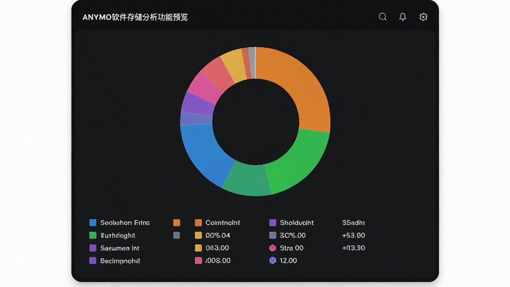 Anymo软件存储分析功能预览,主体为全屏展示的存储占比环形统计图,各个分区颜色鲜艳分明,底部有详细的分类图例和占用数据,背景为深色模式界面,布局美观大方,风格数据可视化,细节清晰,4K画质,无多余元素