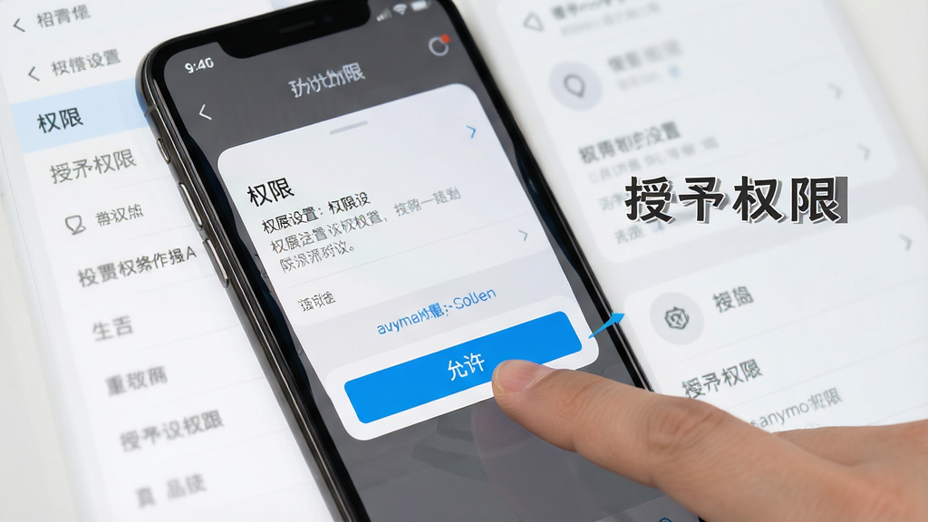 Anymo操作教程示意图,主体为手机屏幕上展示的权限设置页面,手指正在点击“允许”按钮,背景为简洁的设置菜单界面,配文“授予权限”,布局清晰,风格写实,画质高清,细节突出,无多余元素