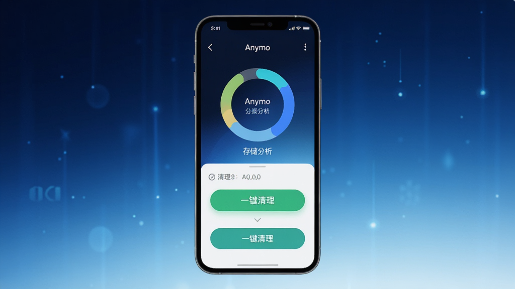 高清数字艺术风格,展示Anymo软件在智能手机上运行的界面全貌,主体为手机屏幕上的存储分析环形图与清理按钮,背景为深浅蓝色渐变科技感光效,布局居中,突出核心的“一键清理”绿色按钮,画面干净,细节丰富,8K画质,无多余元素