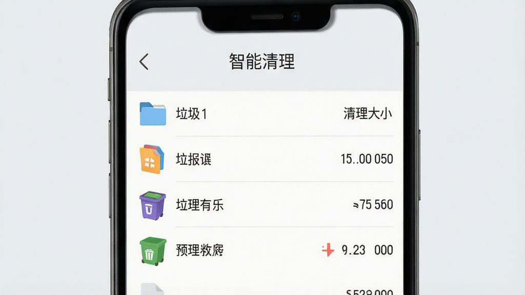Anymo软件功能预览图,主体为手机屏幕展示扫描出的各类垃圾文件列表,左侧为文件类型图标,右侧为清理大小,顶部有“智能清理”字样,背景为浅灰色整洁界面,排版清晰,风格扁平化设计,细节丰富,4K画质,干净无多余元素