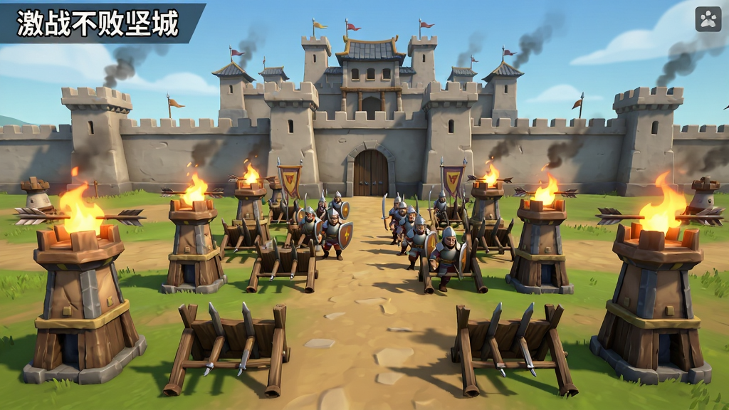 游戏画面“激战不败坚城”的城池防御界面,前景是排列整齐的箭塔与拒马,中景是严阵以待的守城士兵,背景是巍峨的城主府。布局以城池中轴线为中心对称展开。排版清晰展示各防御设施的位置。风格为卡通渲染与写实结合。细节突出火焰、烟雾与士兵盔甲纹理。画质高清,干净整洁。