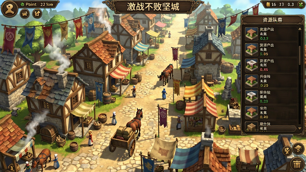 游戏“激战不败坚城”的内政管理画面,中心是繁华的城镇街道,两旁是升腾着炊烟的民居与商铺。布局采用远景俯瞰视角。排版展示资源产出与建筑升级队列。风格明亮细腻,色彩丰富。细节包括忙碌的百姓、满载货物的马车与飘扬的市集幡旗。画质清晰,元素饱满无杂物。