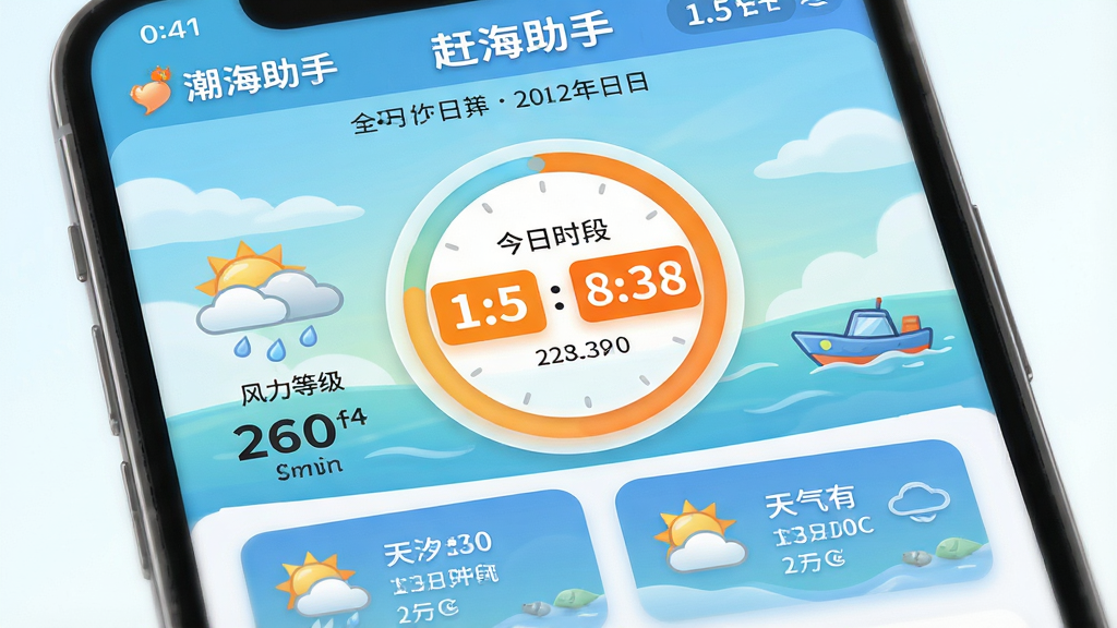 主体:“潮汐表预报”软件中的“赶海助手”功能页面,显示今日推荐赶海时间段,并配有天气图标与风力等级。布局:页面顶部为地点与日期,中部为倒计时圆环,底部为天气信息卡片。排版:信息层级分明,重点时段用橙色高亮。风格:清新自然,卡通与写实结合,色彩明快。画质:高清,干净,无多余元素。
