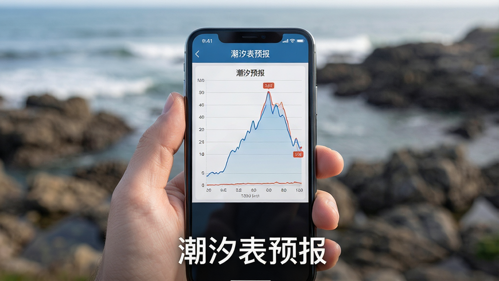 主体:“潮汐表预报”手机应用在户外场景中的使用画面,用户手持手机查看潮汐曲线,背景是海边礁石。布局:手机屏幕特写,曲线图清晰可见,背景虚化。排版:突出手机界面,下方有“潮汐表预报”字样。风格:写实摄影风格,自然光,色彩真实。画质:高清,干净,无多余元素。