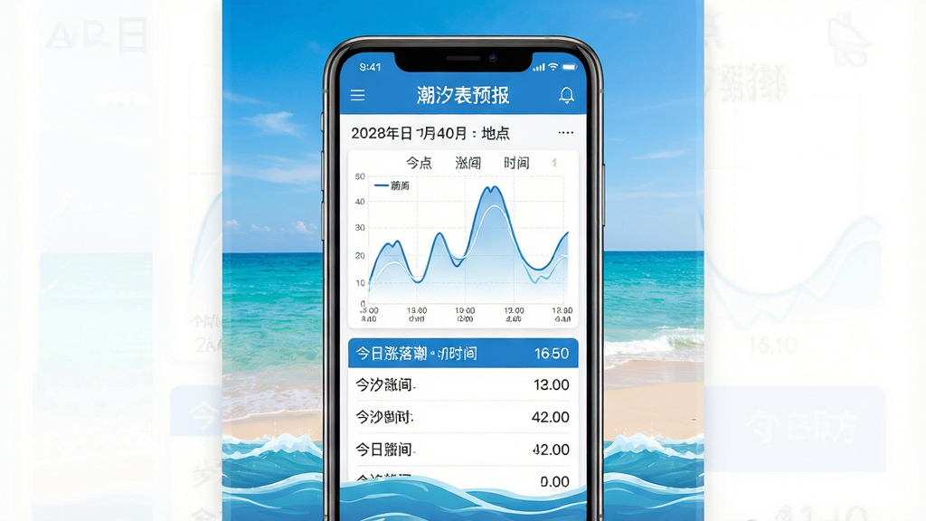 主体:一款名为“潮汐表预报”的手机应用界面,屏幕上清晰显示着潮汐曲线图和今日涨落潮时间,背景是碧海蓝天与沙滩。布局:手机界面居中,四周留白,界面下方有海浪动态效果。排版:应用界面内部分区明确,上方为日期与地点,中间为曲线图,下方为具体时间列表。风格:写实与扁平化结合,色彩清新,以蓝白为主色调,细节丰富。画质:高清,干净,无多余元素。