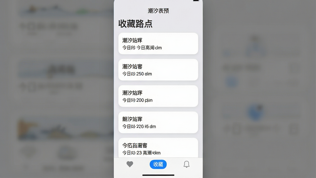 主体:“潮汐表预报”软件的收藏列表界面,以卡片形式展示多个收藏站点,每个卡片显示站名与今日高潮时间。布局:列表纵向排列,卡片圆角设计,底部标签栏突出“收藏”选项。排版:卡片之间间距均匀,文字清晰。风格:简洁现代,浅灰背景与白色卡片搭配。画质:高清,干净,无多余元素。