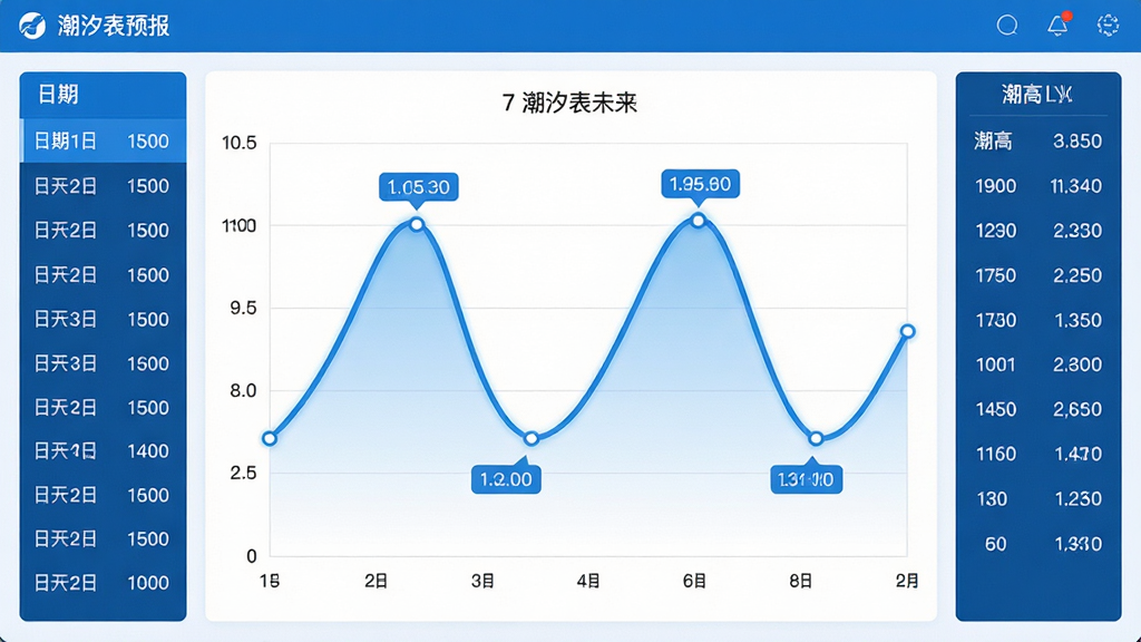 主体:“潮汐表预报”软件界面,显示某港口未来7天的潮汐曲线图,曲线平滑,高亮标记涨潮与退潮时间点。布局:界面以曲线图为中心,左侧为日期列表,右侧为潮高数值。排版:图表清晰,坐标轴标注完整,信息直观。风格:科技感与现代感结合,蓝白配色,线条流畅。画质:高清,干净,无多余元素。
