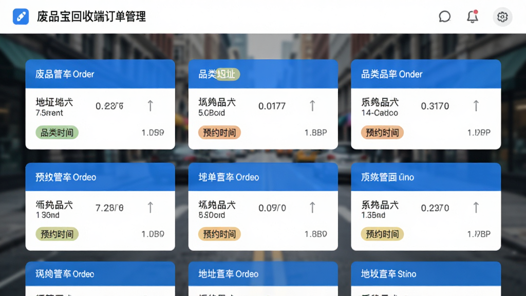 废品宝回收端订单管理界面截图,屏幕上显示多个回收订单卡片,包含地址、品类、预约时间标签,背景为模糊的城市街道,UI采用卡片式布局,蓝色主色调,清晰易读,现代简洁风格,画质干净,无多余元素