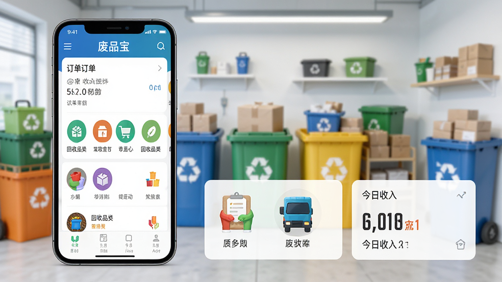 废品宝回收端主界面展示,一部智能手机屏幕显示订单列表、回收品类图标和今日收入统计,背景为整洁的回收站场景,色彩明亮,界面UI清晰,现代扁平化设计风格,细节丰富,画质干净,无多余元素