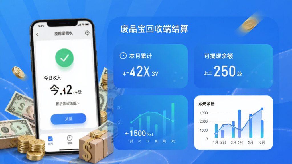 废品宝回收端资金结算页面,显示今日收入、本月累计、可提现余额等数据卡片,背景为手机支付成功界面和现金元素,数据可视化图表,蓝色渐变风格,现代感强,画质干净,无多余元素