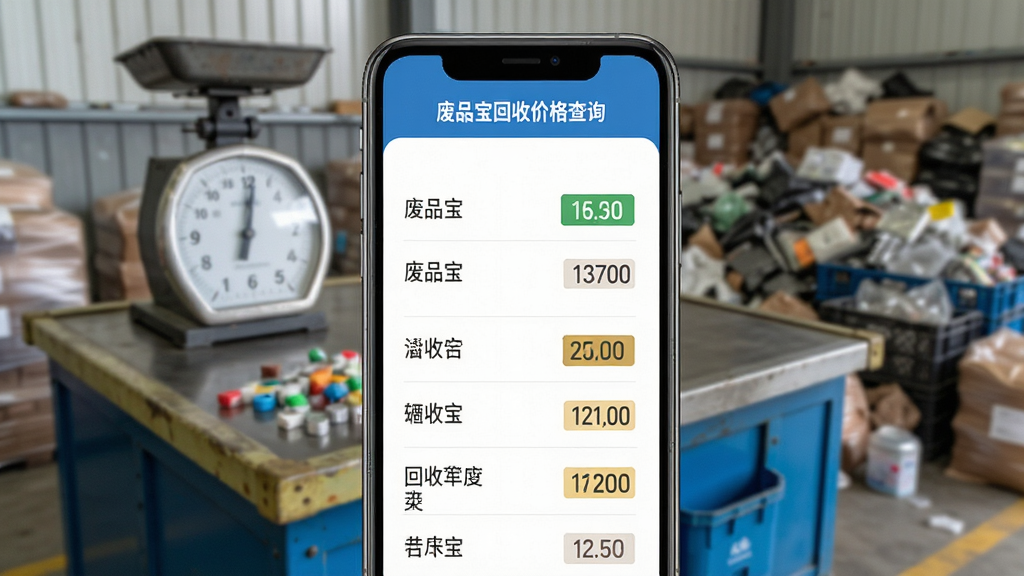 废品宝回收端价格查询页面,手机屏幕显示各类废品名称和价格列表,背景为称重台和废品堆放场景,界面简洁明了,数字突出显示,配色清新,写实风格,画质干净,无多余元素