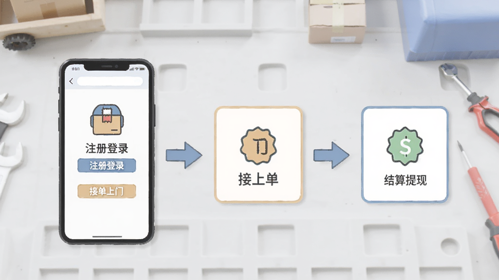 废品宝回收端操作流程图,从注册登录到接单上门再到结算提现的步骤示意,手机界面和箭头指示结合,背景为浅灰色工作台,简洁插画风格,色彩柔和,画质干净,无多余元素