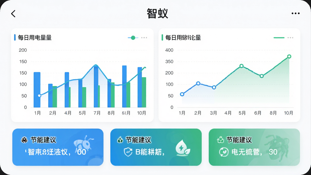 智蚁App的能耗统计页面,以柱状图和折线图展示每日用电量,下方有节能建议卡片,背景为白色,图表色彩以蓝色和绿色为主,整体风格简洁专业,画质清晰,干净无多余元素,页面顶部有
