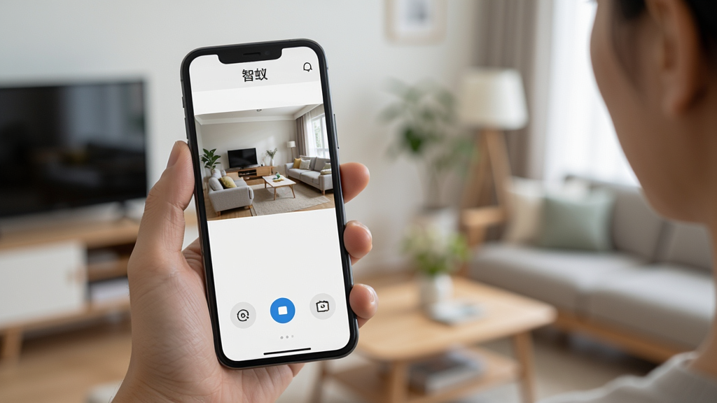 一位用户手持手机,屏幕上显示智蚁App的远程监控画面,画面中有客厅的实时视频,下方有控制按钮,背景是模糊的家居环境,整体风格真实自然,画质清晰,干净无多余元素,手机屏幕上显示