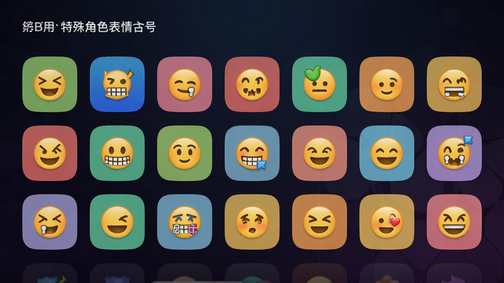 特殊角色表情符号应用主界面预览图,展示各类特殊符号与表情的排列布局,背景为深色渐变,图标以彩色圆角方块呈现,整体风格简洁现代,画质清晰干净,无多余元素