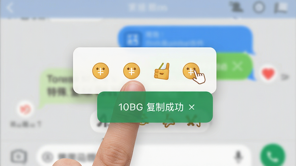 特殊角色表情符号软件复制粘贴操作演示图,手指点击符号后弹出复制成功提示,背景为聊天界面,符号以悬浮框显示,界面友好,画质清晰,无多余元素