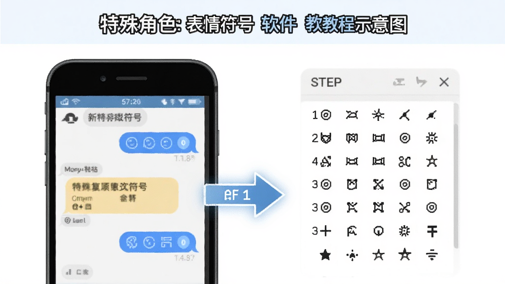 特殊角色表情符号软件使用教程示意图,展示在聊天界面中复制粘贴符号的步骤,手机屏幕显示聊天窗口和符号列表,界面清晰,步骤标注明显,画质干净,无多余元素