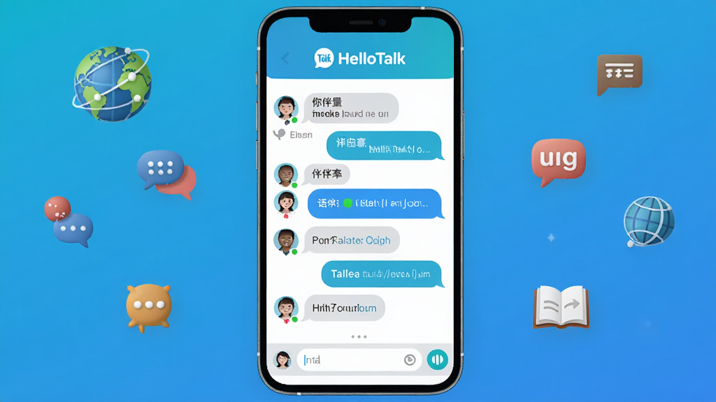 ���壺HelloTalkӦ�ý��棬չʾ���������쳡���������ĺ�Ӣ�����ݡ����֣��ֻ���Ļ���У�����Ϊ������ɫ����Χ�д���ȫ���ͼ����������Է��š��Ű棺�����࣬�Ϸ���ʾ��HelloTalk��Logo���в�Ϊ�Ի��б����·�Ϊ����򡣷���ִ������¡����ʻ���ϸ�ڣ�ͻ�����ͷ�������״̬���������з���ע�͡����ʣ����塢�ɾ����޶���Ԫ�ء�