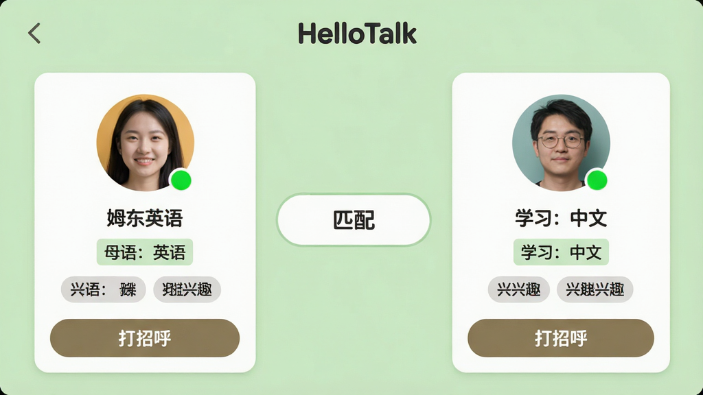 ���壺HelloTalkƥ����棬չʾ�����û���Ƭ����ע��ĸ�Ӣ��͡�ѧϰ�����ġ������֣���Ƭ���Ҳ��ţ��м��С�ƥ�䡱��ť������Ϊ����ɫ���Ű棺��Ƭ�Ϸ�Ϊͷ����ǳƣ��·�Ϊ���Ա�ǩ����Ȥ��ǩ������Ѻá��罻�С�ϸ�ڣ�ͷ�����������̵㣬��Ƭ�ײ��С����к�����ť�����ʣ��������ɾ����޶���Ԫ�ء�