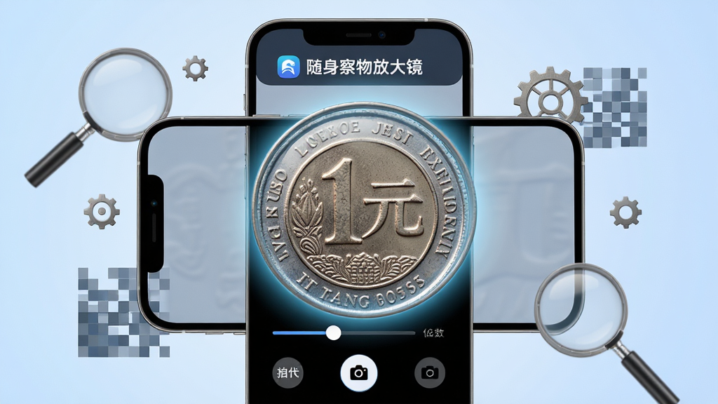 ���壺�����ֻ���������չʾ��������Ŵ󾵵ķŴ�Ч������Ļ�г���һöӲ�ҵľ�ϸ���������֡����֣��ֻ�ռ�ݻ������룬��ΧƯ���ŷŴ󾵡����֡���������ȿƼ�Ԫ�أ�����Ϊ��͵�ǳ��ɫ���䡣�Ű棺��Ļ�Ϸ���ʾ����������Ŵ󾵡�Ʒ�Ʊ�ʶ���·�Ϊ�������ڻ��������հ�ť������Ԫ���������롣���дʵ��Ƽ��н�ϣ��Ŵ������Ե���й��ι��ɣ����������㷨����Ч����ϸ�ڣ�Ӳ���ϵġ�1Ԫ�������뻨�������ɱ棬��Ļ��Ե����΢�ľ�ͷ����Ч������ʵģ�����㳡�������ʣ��߷ֱ�����Ⱦ��ϸ�ڷḻ�������ɾ�������Ԫ�ء�